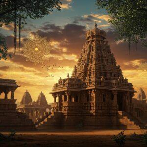 A majestic sunset scene of the iconic Durga Temple at Aihole, featuring intricate Chalukyan architecture with its distinctive curved archways and stepped pyramid roof structure, rendered in warm sandstone colors. The temple is surrounded by floating, ethereal mandalas in deep gold and saffron. Detailed stone carvings of mythological scenes and geometric patterns are highlighted with soft, glowing light. In the foreground, ornate pillars with intricate sculptures cast long shadows. The sky features a dramatic blend of peacock blue and deep orange, with stylized clouds inspired by Kalamkari art. Multiple smaller shrines in the characteristic Chalukyan style fade into the background, creating depth. Ancient banyan trees with flowing roots frame the scene, their leaves catching the golden light. The entire composition is enhanced with subtle spiritual elements like floating lotus flowers and delicate light orbs, merging traditional Chalukyan architecture with a modern, ethereal aesthetic. The scene is captured in an ultra-detailed, cinematic style with atmospheric lighting and rich textures, 8k resolution, photorealistic rendering with artistic enhancement.