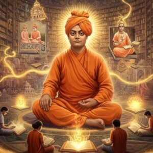 A majestic portrait of Swami Vivekananda in his iconic saffron robes and turban, radiating divine light, seated in padmasana on a cosmic lotus platform. Behind him, a massive ethereal library stretches infinitely with glowing books in both traditional palm leaves and modern formats. Multiple translucent layers show scenes from his life - teaching at Chicago Parliament, meditating at Kanyakumari, giving spiritual discourses. Swirling sacred geometry patterns and mandalas in gold and deep blue frame the composition. Modern young Indian students in contemporary clothes sit at his feet, reading and absorbing wisdom. Floating spiritual symbols like the Om, lotus, and the sun emerge from open books. The scene combines hyperrealistic digital art with traditional Madhubani patterns. A soft golden aura encompasses the entire scene with streams of knowledge represented as flowing light ribbons. The lighting is dramatic yet serene, with warm highlights and deep shadows. The background shows a blend of ancient temples and modern skyscrapers in subtle silhouettes.