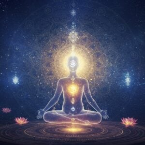 A serene Indian yogi in lotus position floating in an ethereal cosmic space, their form semi-transparent and illuminated from within by golden light representing Atman. Behind them, a massive, intricately detailed mandala in deep indigo and gold pulses with divine energy, symbolizing Brahman. Multiple translucent layers of the yogi's form emanate outward, each growing more celestial, eventually merging with the cosmic mandala. Sacred geometric patterns and Sanskrit symbols float in the space between. The scene is rendered in a combination of traditional Madhubani art style and modern digital aesthetics, with a color palette of deep cosmic blues, luminous golds, and subtle purples. Swirling cosmic energies and tiny points of light create a bridge between the human form and the universal consciousness. Small lotus flowers in various stages of bloom float around the scene, some transforming into pure light. The lighting is otherworldly, with soft glows and ethereal highlights, creating a dreamy, transcendental atmosphere. The overall composition suggests the journey from individual consciousness to universal truth.