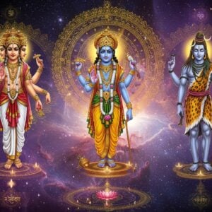 A grand cosmic scene showing three majestic Indian deities arranged in a triangular formation: Brahma (four-headed, wearing white dhoti, holding vedas in one hand, kamandalu in second, lotus in third, and blessing gesture in fourth), Vishnu (blue-skinned, wearing yellow dhoti and crown, holding shankha, chakra, gada, and padma in four hands), and Shiva (ash-covered body, crescent moon on head, holding trishul and damaru, cobra around neck) against a swirling cosmos background. Behind them, a massive golden mandala forms a divine halo. The cosmic cycle is depicted through intricate circular patterns: creation (blooming golden lotuses), preservation (flowing rivers of life), and destruction (dancing flames). Ethereal light streams through the composition, with galaxies, stars, and nebulae in deep purples and blues. The scene is framed by sacred geometric patterns and flowing Sanskrit symbols in glowing gold. Style combines traditional Thanjavur painting aesthetics with modern digital art techniques, emphasizing metallic gold accents and deep cosmic colors.