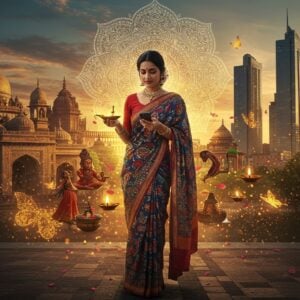 A stunning cinematic scene depicting a young Indian woman in a contemporary designer saree with traditional Madhubani border patterns, standing at the intersection of old and new Delhi. On one side, intricate traditional architecture with carved temples, ornate archways, and golden domes; on the other, sleek modern skyscrapers with glass facades reflecting sunset colors. She holds a traditional brass diya in one hand while checking her smartphone in the other. Around her, floating elements showcase India's cultural symbols: classical dance mudras, yoga poses, spice markets, and modern tech symbols, all rendered in luminous golden light with magical particle effects. The scene features detailed Pattachitra-style border patterns morphing into modern geometric designs. Ethereal butterflies made of mehendi patterns float around, while a large, glowing mandala forms a halo behind her. The color palette combines deep traditional colors (royal blue, burgundy, saffron) with modern metallic tones. Soft bokeh effects and floating lotus petals add a dreamy quality. The lighting is cinematic with golden hour warmth, creating a perfect blend of mystical and contemporary atmosphere. Hyper-realistic digital art style with high attention to detail.