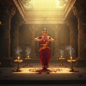 A vintage-inspired cinematic scene showing a serene Indian temple courtyard at golden hour, with warm sunlight filtering through ornate pillars. In the center, a traditionally dressed Marathi woman in a rich nauvari saree (deep maroon with golden border) performs an elegant classical dance pose with folded hands. Behind her, a beautifully detailed stone temple architecture with intricate carvings in Madhubani style. Floating diyas and lotus flowers create a mystical atmosphere, with soft smoke trails from incense sticks adding depth. The lighting is dramatic with golden rays creating a divine ambiance, while subtle film reel elements and vintage camera motifs blend seamlessly into the mandala patterns in the background. The color palette features rich maroons, deep blues, and golden hues typical of 70s film aesthetics. The scene is enhanced with ethereal glowing elements and subtle spiritual symbols, creating a perfect blend of classical Indian art and retro Bollywood charm.