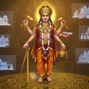 A majestic depiction of Lord Vishwakarma, standing on a celestial platform adorned with intricate golden geometric patterns. He has four arms - holding a measuring compass in his upper right hand, craftsman's mallet in upper left, sacred scriptures in lower right, and a pot of divine nectar in lower left. He wears elaborate golden crown and traditional architect's clothing with rich saffron and deep blue hues. Around him float holographic blueprints of iconic temples, palaces, and divine weapons, rendered in glowing sacred geometry patterns. His workshop background shows partially constructed Swarga (heaven), with ethereal craftsmen working on celestial architecture. Floating tools and instruments surround him in a mandala pattern. The scene is illuminated by divine light in warm golden tones. The art style combines traditional Pattachitra patterns with modern digital art aesthetics, featuring meticulous details and a luminous quality. Lord Vishwakarma has a serene expression, tilak on forehead, and radiates divine craftsmanship energy through subtle golden aura.