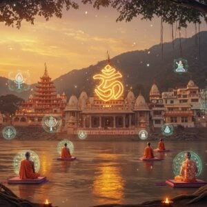 A serene sunrise scene at the Divine Life Society ashram in Rishikesh, with the sacred Ganges flowing in the foreground reflecting golden morning light. The iconic white-and-saffron temple architecture stands majestically against the backdrop of the Himalayas. In the center, a large, glowing, modern interpretation of the DLS symbol radiates ethereal light. Young Indian spiritual seekers in modern clothing alongside traditional sannyasins in saffron robes are seen practicing meditation on lotus-shaped platforms. Floating digital holograms showing healing herbs, yoga poses, and service activities surround them. The scene combines traditional Madhubani art patterns in the sky with futuristic elements like subtle light trails and energy fields. Sacred banyan trees with digital auras frame the scene, their roots intertwining with modern sustainable architecture. The color palette features deep saffron, spiritual purple, celestial blue, and metallic gold. Soft light particles and digital mandalas float in the air, while traditional oil lamps blend with modern LED lighting. The style merges photorealistic architecture with ethereal, surreal elements and traditional Indian art motifs.