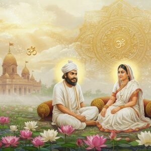 A serene, ethereal scene depicting Sri Ramakrishna and Holy Mother Sarada Devi in traditional Bengali attire, sitting in a divine garden at Dakshineswar Temple. Sri Ramakrishna wears a white dhoti with a peaceful expression, while Holy Mother is dressed in a white saree with red border, her face radiating motherly compassion. Behind them, a large, intricately detailed golden mandala glows softly, casting divine light. The scene is surrounded by blooming lotus flowers in pink and white, with subtle spiritual symbols like Om floating in a misty background. Soft rays of golden light filter through clouds, creating a heavenly atmosphere. The architecture of Dakshineswar temple is visible in the background, rendered in Madhubani art style with detailed patterns. The overall color palette includes soft whites, golden yellows, temple reds, and peaceful blues. The scene is enhanced with subtle sparkles and aura effects, suggesting divine presence. Artistic style combines hyperrealistic features with traditional Indian art elements, creating a modern yet spiritually authentic representation.