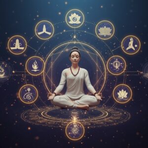 A serene Indian yogi in lotus position floating in a sacred geometric space, surrounded by eight luminous golden rings representing the eight limbs of yoga. The central figure wears modern yoga attire in soft white, with traditional Indian elements like rudraksha beads and tilak. Each ring contains distinct symbolic representations: ethical principles (yama) shown as intertwined hands, personal observances (niyama) as a purifying flame, physical postures (asana) as a flowing figure, breath control (pranayama) as swirling energy currents, sensory transcendence (pratyahara) as closing lotus petals, concentration (dharana) as a focused beam of light, meditation (dhyana) as still water reflecting moonlight, and enlightenment (samadhi) as a radiating crown chakra. The background features a gradient from deep indigo to soft gold, with subtle Madhubani-style patterns. Ethereal light particles float throughout the scene, creating a mystical atmosphere. The composition includes delicate mandalas, subtle sacred geometry patterns, and flowing energy lines connecting all elements. Art style combines hyperrealistic digital rendering with traditional Indian art motifs, creating a modern spiritual aesthetic with soft glowing edges and rich, deep colors.
