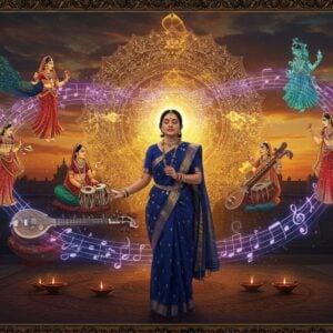 A celestial Indian musical gathering set in an ethereal temple courtyard at twilight, featuring a female classical vocalist in a flowing deep blue silk saree with gold border, her eyes closed in devotional expression, surrounded by swirling, luminescent musical notes transformed into peacocks and lotus patterns. Behind her, a large ornate golden mandala radiates light, merging with visualized sound waves in colors of saffron, deep purple, and turquoise. Traditional instruments - veena, tabla, and tambura - float mysteriously around her, each emanating their own colored auras that intertwine like dancing ribbons. The scene is adorned with floating diyas whose flames take the form of raag-specific time wheels, showing various prahar (time periods). Mystical figures of Raginis in traditional Rajasthani miniature painting style emerge from the swirling musical patterns, each in distinct emotional states representing different ragas. The lighting is dramatic with warm golden hues during sunset, creating a dreamlike atmosphere. Intricate Madhubani-style borders frame the scene, featuring musical motifs and peacock feathers. The overall composition maintains a perfect balance between classical Indian art elements and modern digital aesthetics, with a surreal, ethereal quality that captures the transcendental nature of Indian classical music.