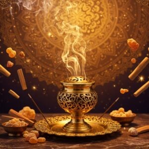 A mystical scene showing an intricately carved traditional Indian bronze incense burner in the center, emanating swirls of fragrant smoke in shades of deep saffron and gold. The smoke forms ethereal patterns resembling ancient Sanskrit symbols. The burner sits on a polished marble platform adorned with Madhubani-style lotus motifs in deep maroon and peacock blue. In the background, a large, glowing mandala pattern radiates soft golden light. Floating around the central piece are photorealistic ingredients of the Kapila Suladi - small pieces of sandalwood, herbs, and resins, each casting subtle shadows and gleaming with a metallic sheen. The scene is illuminated by warm, diffused light creating a serene atmosphere. Small sparkles of light dance through the smoke, suggesting divine presence. The composition includes delicate Pattachitra-style border elements featuring peacocks and vines. The overall color palette focuses on rich golds, deep browns, and mystical purples, with highlights of celestial blue. The scene should have a photorealistic quality while maintaining a spiritual, otherworldly atmosphere.