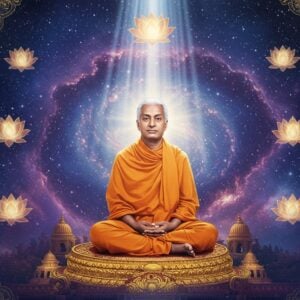 A serene ethereal scene capturing Paramahansa Yogananda in meditation posture, wearing a saffron dhoti and shawl, seated on a golden lotus platform. His face radiates divine peace with a subtle smile, eyes closed in deep samadhi, surrounded by a luminous blue-white aura. Behind him, a cosmic vision unfolds with spiraling galaxies, shimmering stars, and flowing light streams in deep indigo and gold. Multiple translucent lotus flowers float in the space, each emitting a soft golden glow. The background transitions from earthly realm at the bottom with traditional Indian architectural elements to pure light at the top, symbolizing spiritual ascension. Intricate Madhubani-style patterns in gold form a mandala frame around the scene. Soft rays of divine light descend from above, creating a mystical atmosphere. The overall color palette includes deep royal blues, cosmic purples, spiritual gold, and pure white light, rendered in a modern digital art style with high attention to realistic details while maintaining a transcendental quality. The lighting emphasizes the transition from physical to spiritual realms.