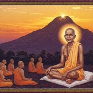 A serene portrait of Ramana Maharshi in his final days, seated in padmasana on a simple white cushion against the backdrop of Arunachala mountain at sunset. The Maharshi appears radiant with a gentle smile, wearing plain white dhoti, his body thin but his face peaceful and luminous. A soft golden aura surrounds him, merging with the warm orange and purple hues of the setting sun. In the foreground, devotees are shown as ethereal, translucent figures in meditation. The scene is composed in a dreamy, spiritual art style with elements of traditional Indian art. Sacred geometry patterns and mandalas float subtly in the background. Intricate Madhubani-style borders frame the scene, featuring peacocks and lotus motifs in deep maroon and peacock blue. The lighting is mystical with rays of divine light streaming down, creating a spiritual atmosphere. The mountain Arunachala is depicted with traditional Pattachitra art style patterns, glowing with an inner fire. The overall color palette includes soft golds, deep saffrons, and ethereal blues, creating a powerful yet peaceful composition that captures the divine presence of the sage in his final days.