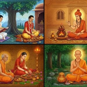 A dynamic split-screen composition showing four distinct stages of Hindu life, each quadrant seamlessly flowing into the next through ornate golden mandala patterns. In the first quadrant, a young Indian student in traditional white dhoti studying sacred texts under a banyan tree, surrounded by soft blue spiritual aura. Second quadrant shows a middle-aged couple performing a sacred ritual around agni, wearing traditional attire with red and gold hues, their home adorned with auspicious symbols. Third quadrant depicts an elderly sage in orange robes meditating in a forest clearing with his wife, surrounded by peaceful wildlife and mystical forest elements. The final quadrant shows a serene sannyasi in saffron robes, seated in padmasana pose with a kamandalu nearby, emanating divine light. The entire scene is unified by intricate Madhubani-style border patterns, floating lotus flowers, and ethereal light effects. The color palette transitions from scholarly blues to warm household golds, forest greens, and finally to transcendent saffron. Rendered in a harmonious blend of traditional Indian art and modern digital aesthetics, with rich textures and spiritual symbolism throughout.