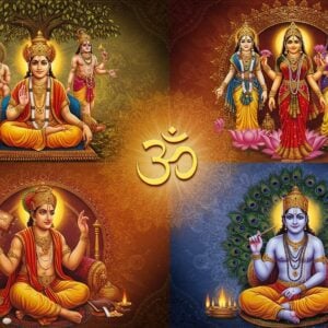 A majestic spiritual composition showing four distinct quadrants seamlessly blending into each other, each representing a Vaishnava Sampradaya. Top-left quadrant shows Sri Ramanuja in golden-saffron robes with Sri Chakra tilak, seated in padmasana beneath a wish-fulfilling tree with Hanuman and rama-sita in ethereal form above. Top-right shows Nimbarka Acharya surrounded by divine couples Radha-Krishna and Lakshmi-Narayana amid blooming lotus flowers. Bottom-left depicts Madhvacharya with raised hand in teaching mudra, with Vedic scriptures and symbols of dvaita philosophy floating around him. Bottom-right shows Vallabhacharya surrounded by peacock feathers and mystical Krishna motifs. The central point where all quadrants meet features a luminous Om symbol emanating golden rays. Each section has its distinctive tilak mark floating above. The entire scene is rendered in a blend of traditional Madhubani and modern digital art style, with intricate patterns, rich colors like deep maroon, saffron, peacock blue, and gold. Soft ethereal glow surrounds the entire composition, with subtle mandalas and Vedic symbols in the background. The art style should be photorealistic with mystical elements, creating a harmonious blend of classical and contemporary aesthetics.