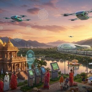 A stunning panoramic view of India's diverse tourism landscape merging tradition with futuristic elements, showing a majestic ancient temple complex with golden spires and intricate Madhubani-style carved details in the foreground, seamlessly transitioning into a modern glass-and-steel sustainable eco-resort in the background. Flying electric vehicles with traditional Indian motifs hover above. The scene features holographic tour guides in traditional Indian attire, demonstrating advanced AR technology. The sky shows a mesmerizing blend of sunset colors - deep saffron, peacock blue, and rose gold, with glowing mandalas floating in the air. In the middle ground, a group of diverse tourists (both Indian and international) interact with high-tech touch-less information kiosks decorated with Pattachitra-style artwork. The landscape includes a smart railway system with coaches adorned with traditional Indian patterns, winding through lush green mountains. Crystal-clear water bodies reflect the scene, creating a mirror effect. Small details include solar-powered street lamps designed like lotus flowers, drone-operated camera systems with peacock motifs, and traditional handicraft markets with digital payment systems. The entire scene is rendered in a harmonious blend of hyperrealistic digital art with traditional Indian artistic elements, creating a serene yet progressive atmosphere.