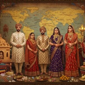 A grand, ornate traditional Sindhi wedding scene blending past and present, featuring a wealthy Sindhi merchant family in their iconic attire. The central focus is an elegant Indian family wearing traditional Sindhi clothing - men in white Kurtas with colorful Ajrak patterns, women in vibrant Sindhi-style sarees with heavy gold jewelry and Jhoomar headpieces. The backdrop shows a richly detailed map with golden threads connecting global cities like Mumbai, Singapore, Hong Kong, and London, symbolizing trade routes. Intricate Madhubani-style border patterns featuring peacocks and lotus motifs frame the scene. In the foreground, precious gems, textiles, and trading ledgers are artistically arranged. The lighting is warm and golden, creating a nostalgic yet contemporary atmosphere. Elements like the Jhulelal shrine, sindhi sweets, and cultural artifacts are delicately woven into the composition. The art style combines hyperrealistic digital painting with traditional Indian miniature painting techniques, emphasizing rich jewel tones of deep maroon, royal blue, and gold. The scene should have a dreamy, ethereal quality with subtle glowing elements and floating lotus petals.