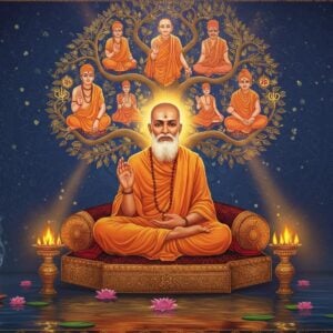 A serene scene depicting Madhusūdana Sarasvatī in a traditional ochre-colored sannyasi robe, seated in padmasana on an ornate golden lotus platform. He holds sacred texts in his lower hands while his upper hands form the chinmudra. Behind him rises a luminous tree of wisdom, its branches forming the silhouettes of great Advaita masters - Adi Shankaracharya, Padmapada, and other gurus in the lineage, rendered in soft golden light. The background features an intricate Madhubani-style mandala in deep indigo and gold, with Sanskrit symbols floating ethereally. Soft rays of divine light filter through the scene, creating a mystical atmosphere. The foreground shows a reflective pool with floating lotus flowers, symbolizing spiritual reflection. The art style combines traditional Indian Pattachitra techniques with modern digital art, using a color palette of deep maroons, saffron, gold, and peaceful blues. The scene is framed by stylized vedic motifs and geometric patterns, with subtle hints of floating incense smoke adding to the spiritual ambiance. Hyperrealistic details in the sage's serene face and meditation beads contrast with the ethereal background.