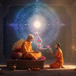 A serene scene featuring an elderly Indian Guru in saffron robes seated in padmasana on an intricately carved wooden platform, emanating a soft golden aura. Behind him, a large, ethereal mandala in shades of deep blue and gold pulses with divine energy. The Guru's hands are positioned in chinmudra, his eyes peaceful yet piercing with wisdom. A younger Indian devotee kneels before him, receiving spiritual knowledge symbolized by floating lotus flowers traveling from the Guru's heart chakra to the devotee's third eye. The scene is set in a mystical temple courtyard with ancient stone pillars adorned with traditional Indian patterns. Swirling cosmic energies in pastel purples and blues fill the air, while Devanagari scripts transform into light particles. The lighting is warm and divine, with rays of sunlight filtering through ornate temple windows. The art style combines traditional Madhubani patterns in the details with modern digital art techniques, creating a harmonious blend of ancient wisdom and contemporary aesthetics. Floating diyas and incense smoke add to the spiritual atmosphere.