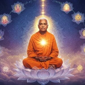 A serene portrait of Paramahansa Yogananda in his iconic orange robes, seated in padmasana on a crystalline lotus platform, radiating divine golden light. His eyes are half-closed in meditation, with a gentle, enlightened smile. Behind him, a large ornate mandala in shades of deep blue and gold pulses with ethereal energy. Multiple translucent lotus flowers float in a spiral pattern around him, each containing miniature scenes: a couple embracing (representing love), a rising sun (representing life), and a cosmic spiral (representing God). The background transitions from deep indigo at the top to soft lavender at the bottom, with subtle sacred geometry patterns. Streams of light particles and subtle energy wisps flow around his form. His hair and beard are perfectly detailed, and his face emanates peace and wisdom. The lighting is dramatic yet soft, with a main source of light emerging from his heart center. The art style combines hyperrealistic digital painting with traditional Indian aesthetic elements, incorporating both Madhubani patterns and modern spiritual art sensibilities. The scene has a dreamy, ethereal quality with a subtle golden haze throughout.