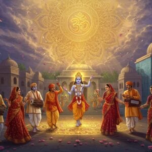 A vibrant street scene in a modern metropolitan setting where young, diverse Indian devotees in contemporary ISKCON attire (men in pristine white dhotis and kurtas, women in elegant silk saris) perform an ethereal Hare Krishna kirtan. The central focus is a golden, glowing aesthetic featuring devotees dancing with traditional instruments - mridanga drums, kartals, and harmonium. Floating above them is a massive, ornate mandala incorporating both the Hare Krishna maha-mantra symbols and modern geometric patterns. The background showcases a sleek, modern ISKCON temple with glass and traditional architecture fusion, surrounded by sustainable gardens with tulsi plants. Rays of divine light filter through clouds, creating a supernatural ambiance. The scene includes subtle modern elements like eco-friendly electric vehicles and solar panels on temple roofs. The art style combines traditional Madhubani patterns in the clothing details with contemporary digital art techniques, using a color palette of saffron, deep purple, gold, and peaceful blues. Floating particles of light and flower petals add a mystical quality. The mood captures both spiritual devotion and modern progression.