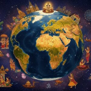A stunning panoramic view of a globe floating in cosmic space, rendered in traditional Indian Madhubani art style, with intricate patterns and rich colors. The continents are depicted in deep gold and saffron hues, connected by flowing, luminous threads representing the Hindu diaspora. Around the globe, detailed vignettes show diverse Indian families in different cultural settings - a temple ceremony in London with Big Ben in background, a Diwali celebration in New York with illuminated skyscrapers, and a Hindu wedding in Sydney with Opera House silhouette. Decorative elements include sacred symbols like Om symbols, lotus flowers, and peacock motifs floating in space. The scene is illuminated by a warm, divine light creating a ethereal glow. Small mandalas and yantra patterns appear as constellations in the cosmic background. The art style combines hyperrealistic elements with traditional Indian artistic motifs, creating a modern yet culturally rich aesthetic. The overall composition suggests unity, spirituality, and global connection, with a color palette of deep blues, rich golds, burgundy, and touches of turquoise.
