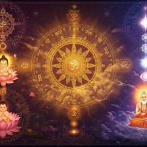 A mystical circular composition depicting the eternal cycle of life and death in Hindu philosophy - A central golden wheel of karma with intricate Sanskrit patterns radiates divine light. Around it, three distinct scenes flow seamlessly: First scene shows a newborn baby emerging from a lotus flower symbolizing birth, second shows a meditating sage in padmasana surrounded by karmic threads in deep purples and blues, and third shows an enlightened soul ascending through seven chakra-colored rings toward a brilliant white light representing moksha. The background features subtle Mandala patterns in gold and saffron. Ethereal floating lotuses, peacock feathers, and om symbols add depth. The lighting is dramatic with golden rays filtering through clouds, creating a dreamy atmosphere. The art style combines traditional Indian Miniature painting techniques with modern digital art, using a color palette of deep maroons, celestial blues, mystic purples, and radiant golds. The scene is framed by intricate border designs inspired by temple architecture. Multiple translucent layers of consciousness represented by concentric circles create depth and dimension.