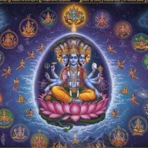 A grand cosmic scene depicting Lord Brahma with four heads and four arms seated on a magnificent lotus emerging from Lord Vishnu's navel, who reclines on the cosmic serpent Shesha. Vishnu has four arms holding his symbols - conch shell, lotus, mace, and chakra. Above them, intricate mandalas representing the seven higher lokas float in a star-filled space, rendered in deep indigo and gold. Below, the seven lower lokas are shown as descending ethereal realms in rich jewel tones. The entire scene is framed by the cosmic egg (Brahmanda) with sacred geometry patterns. Mount Meru rises in the center, connecting the realms. Soft, divine light emanates from multiple sources, creating an otherworldly glow. The art style combines traditional Indian Pattachitra patterns with modern digital art techniques, using a color palette of deep cosmic blues, celestial golds, and vibrant purples. Flying rishis, celestial beings, and swirling galaxies populate the background. The scene captures both the grandeur and intricacy of Hindu cosmology in a visually stunning manner.