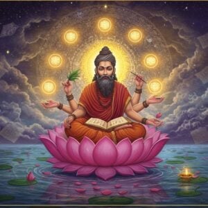 A mystical scene depicting Sage Vyasa in rich traditional Indian attire with a glowing golden aura, seated in padmasana on a cosmic lotus floating above serene waters. His form appears ethereal and timeless, with multiple translucent reflections of himself fading into infinity, symbolizing immortality. He holds palm leaves and a writing quill, surrounded by seven luminous spheres representing the Chiranjeevis. The background features an intricate Madhubani-style mandala with sacred Sanskrit manuscripts floating in spiral patterns. Celestial light rays in soft gold and azure pierce through mystical clouds. Sacred symbols like the Om and eternal knots weave through the composition. The color palette combines deep maroons, celestial blues, and radiant golds. The art style merges traditional Indian miniature painting techniques with modern digital aesthetics, creating a surreal and spiritual atmosphere. Floating lotus petals and subtle sparkles add to the divine ambiance. The scene is illuminated by an otherworldly glow emphasizing the immortal nature of the subject.