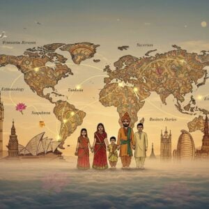 A grand, panoramic digital illustration showing a dynamic world map with golden threads of light connecting India to various global destinations, rendered in traditional Madhubani art style with modern elements. The center features a large, stylized Indian family in contemporary clothing but with traditional Indian elements (sari, bindi, kurta) transitioning across three generations. The background showcases iconic landmarks - Sydney Opera House, Statue of Liberty, Big Ben, Burj Khalifa - illustrated in intricate Pattachitra patterns with peacock blue and deep maroon hues. Floating mandalas in saffron and gold represent success stories in technology, medicine, business, and arts. The scene includes subtle motifs of passport stamps, aircraft trails, and floating lotus flowers. The lighting creates a warm, ethereal glow, with soft highlights illuminating the connection threads. The composition should have depth with detailed foreground elements and a misty, dreamlike background. The overall mood should be aspirational and progressive, while maintaining cultural authenticity through traditional Indian art elements.