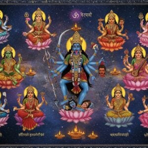 A mystical ethereal scene depicting all ten Mahavidyas arranged in a circular mandala formation against a cosmic background with swirling galaxies in deep indigo and gold. At the center, Kali stands with four arms, dark blue skin, wearing a garland of skulls, her tongue extended, holding a sword and severed head. Around her, clockwise: Tara (emerald green, standing on Shiva), Tripura Sundari (rose-pink, seated on lotus), Bhuvaneshwari (golden, with four arms holding noose and goad), Chinnamasta (red, holding her severed head), Bhairavi (crimson, adorned with ornaments), Dhumavati (grey, elderly widow on wingless crow), Bagalamukhi (golden-yellow, holding enemy's tongue), Matangi (emerald-green, playing veena), and Kamala (lotus-pink, seated on lotus with elephants). Each goddess emanates distinct aura matching their characteristics, with intricate Madhubani-style patterns flowing between them. Subtle sacred geometry patterns connect all deities. The background features delicate lotus motifs and yantra patterns in gold. The lighting creates a divine glow, with each goddess illuminated by their signature colors. The style combines hyperrealistic deity features with ethereal Indian traditional art elements. The composition is framed by swirling cosmic energy and floating Sanskrit symbols in golden light.