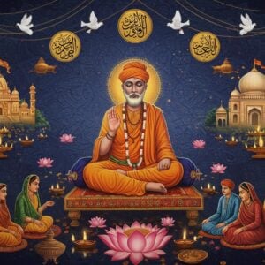 A mystical scene depicting Sant Kabir in traditional Indian attire seated on a simple wooden platform, meditating with eyes closed, radiating divine light. He's surrounded by intricate Madhubani-style patterns featuring symbols of Hindu-Muslim unity - a temple and mosque seamlessly merging in the background. Floating sacred texts in Sanskrit and Persian script transform into golden doves. The color palette includes deep indigo, burnished gold, and earthy saffron. Modern geometric mandalas pulse with ethereal energy behind him. Two groups of devotees - Hindus and Muslims - sit in harmony at his feet, their traditional attires detailed in Phad art style. Lotus flowers emerge from an infinite spiral, symbolizing spiritual awakening. The lighting is soft and otherworldly, with floating oil lamps creating a warm glow. The scene seamlessly blends traditional Indian art motifs with contemporary digital art techniques, creating a surreal, spiritually charged atmosphere. Subtle threads of gold weave through the composition, connecting all elements in unity.