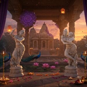 A serene ancient Indian temple courtyard at twilight, intricately carved with Khajuraho-style architecture, illuminated by soft golden lanterns. Two elegant marble sculptures of embracing couples in classical dance poses, positioned respectfully, demonstrating traditional Indian dance mudras. The background features blooming lotus flowers in a sacred pond, with peacocks gracefully perched nearby. Ornate mandala patterns and Sanskrit symbols float ethereally in the air, rendered in shimmering gold and deep purple hues. Delicate flower petals and incense smoke swirl through the scene. The lighting is warm and dreamlike, with rays of sunset creating a romantic ambiance. The art style combines traditional Madhubani patterns with modern digital aesthetics, featuring rich jewel tones of maroon, gold, and peacock blue. The overall composition suggests spirituality, love, and artistic elegance rather than explicit content. The scene includes traditional architectural elements like carved pillars with sacred geometrical patterns and flowing silk curtains in deep royal colors.