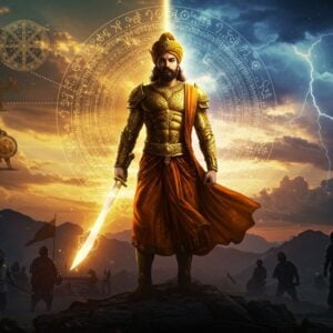 A majestic Indian warrior in gleaming golden armor stands atop a mountainous battlefield at dawn, his posture radiating dignity and strength. He wears traditional Kshatriya regalia with intricate Rajasthani patterns, a flowing saffron angavastram, and holds a ceremonial sword that glows with ethereal light. Behind him, a translucent mandala featuring ancient Sanskrit warrior codes and battlefield ethics appears like a spiritual shield. The scene splits into two halves: the left shows ancient warfare with traditional weapons and armor in Madhubani art style, while the right shows modern military elements in digital art style, both connected by flowing energy lines. In the background, spiritual symbols of dharma wheel and lotus flowers float amidst clouds in deep blues and royal purples. The lighting creates a dramatic interplay of shadow and light, with golden rays breaking through storm clouds. The warrior's face shows determination and wisdom, embodying both strength and righteousness. The scene is rendered in a blend of photorealistic and surreal styles, with hints of traditional Indian art patterns in the details.