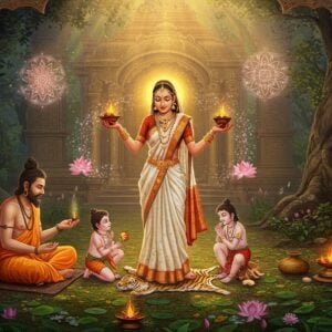 A serene forest clearing illuminated by divine golden light, where Anasuya, a beautiful Indian woman in a pristine white silk saree with red border, stands gracefully performing her daily rituals. She's surrounded by a mystical aura, with floating water droplets and sacred fire elements circling her. Sage Atri, her husband, dressed in saffron robes, sits in meditation nearby on a tiger skin mat. The scene shows the divine trinity - Brahma, Vishnu, and Shiva - transformed into infants, playing at Anasuya's feet. The background features a magnificent ancient ashram with Madhubani-style decorative patterns on its walls. Intricate mandala patterns float in the air, emitting soft pastel hues of pink and blue. Sacred plants like tulsi and lotus flowers bloom around them. The lighting is ethereal with warm golden rays filtering through tree canopies. The art style combines traditional Indian Pattachitra elements with modern digital art techniques, creating a harmonious blend of ancient and contemporary aesthetics. The scene is framed by ornate archways adorned with traditional Indian motifs and celestial flowers.