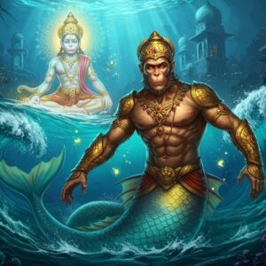 A powerful, muscular half-monkey, half-fish warrior Makardhwaja emerging from mystical waters, his upper body resembling Hanuman with golden-brown fur, divine armor, and a crown, while his lower half transitions into shimmering fish scales in deep blue and gold. His face shows determination with divine radiance. Behind him, Lord Hanuman appears as a ethereal, semi-transparent figure in meditation pose, surrounded by a mandala of golden light. The scene includes stylized waves in Madhubani art style, with intricate patterns in turquoise and gold. The background features a grand underwater palace with coral formations in traditional Pattachitra style, illuminated by soft, otherworldly blue light. Swirling energy patterns and small glowing particles float around Makardhwaja, representing his divine origin. The color palette combines deep ocean blues, burnished golds, and touches of vermillion. The lighting creates a dramatic underwater atmosphere with rays of sunlight penetrating the water surface, creating a mystical ambiance. Art style should be photorealistic digital art with Indian traditional art elements.