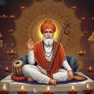 A serene portrait of Bhagat Sain Ji, depicted as a humble barber-saint with silver hair and beard, wearing simple white dhoti and shawl, seated in lotus position on an ornate marble platform. His hands are positioned in chinmudra, symbolizing wisdom. Behind him, a large, intricately detailed golden mandala glows softly, incorporating traditional Madhubani patterns. Around him float ethereal musical instruments - tampura, tabla, and cymbals - representing his devotion through music. The scene is illuminated by floating diyas creating a warm, divine aura. In the background, subtle silhouettes show him serving both common people and royalty, emphasizing his message of equality. The color palette focuses on deep maroons, royal blues, and soft gold accents. Delicate lotus flowers and peacock feathers frame the composition. The art style merges hyperrealistic digital rendering with traditional Indian miniature painting techniques, creating a mystical yet grounded atmosphere.
