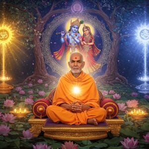A serene Indian spiritual master in saffron robes seated in padmasana on an ornate golden lotus platform, radiating divine light, representing Nimbarkacharya. Behind him, a large cosmic mandala showing Krishna and Radha in divine union at its center, symbolizing the essence of Dvaitadvaita. The background features two intertwining trees - one made of pure golden light and another of deep blue cosmic energy, representing the dual-non-dual nature of reality. Floating sacred symbols include the sun disk (Sudarshana), indicating his connection to the Sun God worship tradition. The scene is set in a mystical garden with blooming lotus flowers in soft pastels, with subtle Madhubani-style patterns in the foliage. Ethereal light particles and subtle geometric patterns float in the air. The lighting creates a dramatic interplay of light and shadow, with warm golden rays filtering through the spiritual atmosphere. The art style combines traditional Indian miniature painting techniques with modern digital art aesthetics, emphasizing photorealistic details in the face and hands while maintaining stylized spiritual elements.