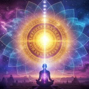 A luminous, ethereal representation of Paramatman as a radiant golden sphere of pure light at the center of the image, emanating concentric rings of Sanskrit symbols and sacred geometric patterns. The sphere transitions from brilliant white-gold at its core to deep cosmic indigo at its edges. Multiple translucent lotus petals in shades of rose gold and azure blue unfold around it, creating a mandala effect. In the foreground, a serene Indian meditator in modern clothing sits in padmasana, their body semi-transparent revealing an inner glow of the same divine light. Behind them, a cosmic landscape shows the merger of modern cityscapes with ancient temple architecture, all rendered in celestial purples and deep blues. Floating particles of light create a mystical atmosphere, while subtle Devanagari inscriptions appear as gossamer threads in the background. Digital art style merging traditional Madhubani patterns with modern cosmic art, incorporating lens flares and light rays. The overall composition suggests the bridge between individual consciousness and universal consciousness, with a sophisticated color palette of gold, cosmic purple, electric blue, and pearl white.