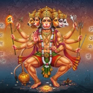 A majestic portrayal of Lord Hanuman in a dynamic pose, his muscular form emanating divine golden light, with five faces representing his different aspects - the main face serene and devoted, surrounded by faces of a lion, eagle, boar, and horse. His eight hands hold different symbolic items: a mountain in one right hand, Gada (mace) in another, breaking chains in the third, and showing abhaya mudra in the fourth, while his left hands hold a flag with Om symbol, scriptures, divine herbs, and one in anjali mudra. He wears a lustrous orange dhoti with gold borders and a crown adorned with bells. Behind him, a massive intricate mandala pattern in deep maroon and gold showcases various scenes from Ramayana in Madhubani art style. Floating around him are modern, minimalist symbols representing his attributes: wisdom (floating Sanskrit texts), strength (stylized mountains), devotion (Ram written in sacred letters), and service (ethereal medical herbs). The background features a gradient of dawn colors - deep blues transitioning to saffron and gold. Soft particles of divine light scatter around him, while subtle hints of Sanjeevani mountain appear in the misty distance. The art style merges traditional Indian Pattachitra patterns with contemporary digital art techniques, creating a harmonious blend of ancient and modern aesthetics.