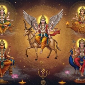 A grand celestial scene featuring five lesser-known Hindu deities arranged in a symmetrical formation against a cosmic backdrop filled with swirling golden mandalas and ethereal light. In the center, Vayu Dev rides his majestic antelope, his four arms holding a white banner, lotus, conch, and a billowing silk scarf, with swirling winds around him. To his left, Kubera sits on a jeweled throne, adorned with golden ornaments, holding a pomegranate and money bag, surrounded by sparkling gems. To his right, Kartikeya mounted on his peacock, wielding his divine spear, with six faces glowing in divine light. Below, Ratri Devi in dark blue silk adorned with stars, holding the moon and owl, emanating peaceful night energy. Above, Surya Dev in radiant golden armor on his seven-horse chariot, spreading rays of light. The scene incorporates traditional Madhubani patterns in modern digital style, with intricate details in deep maroon, saffron, and peacock blue. Floating lotus flowers and sacred symbols frame the composition, while ethereal mist and celestial lights create depth. The overall aesthetic combines ancient iconography with contemporary digital art techniques, maintaining religious accuracy with a modern appeal.