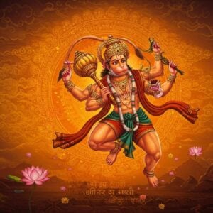 A majestic, muscular Lord Hanuman in dynamic flying pose against a celestial background with swirling golden clouds. His body is a luminous orange-red color, adorned with golden ornaments and a sacred thread. His four hands hold his signature mace (gada) in lower right hand, a mountain in upper right hand, showing abhaya mudra in upper left hand, and holding Sanjeevani herbs in lower left hand. His face shows divine determination with a subtle smile, wearing a golden mukut (crown). Behind him, a massive sun disk glows in deep saffron, creating a mandala-like pattern with intricate Madhubani-style details. The scene includes floating lotus flowers and subtle Ram-naam text in Sanskrit flowing like energy streams. The composition merges traditional Pattachitra art elements with modern digital aesthetics, using a color palette of deep maroon, saffron, gold, and peacock blue. Ethereal light rays emerge from his form, suggesting his divine power. In the background, a faint silhouette of Mount Sumeru appears, with the Sanjeevani mountain distinguishable by its glowing herbs. The overall scene captures both Hanuman's tremendous power and his devoted service to Lord Rama.
