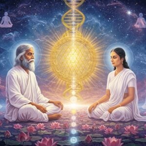 A luminous portrait showing Sri Aurobindo and The Mother sitting in meditation postures facing each other, their forms semi-transparent and ethereal. Sri Aurobindo appears in his characteristic white dhoti with long grey hair and beard, while The Mother wears her elegant white sari with hair neatly tied. Between them floats a large, intricate golden Sri Yantra emanating rays of white and golden light. Their auras merge and spiral upward, creating a DNA-like helix of blue and golden energy reaching toward a cosmic space filled with evolving sacred geometric patterns. The background transitions from earthly elements below (blooming lotus flowers in soft pastels) to celestial imagery above (galaxies, stars, and subtle sacred symbols). Multiple translucent human silhouettes in various yoga poses appear in the periphery, transforming from dense physical forms to light beings, symbolizing spiritual evolution. The scene is rendered in a combination of traditional Indian Mandala art style with modern digital art techniques, using a color palette of deep indigos, luminous golds, soft whites, and gentle lavenders. The lighting creates a supernatural glow, emphasizing the transcendental nature of their vision.