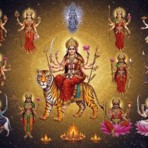 A magnificent celestial scene featuring all nine forms of Durga arranged in a circular mandala formation against a cosmic background with swirling golden energy. In the center, Durga Mata riding her majestic tiger, wielding her trishul in her upper right hand, sword in upper left, lotus in lower right, and bell in lower left. Surrounding her clockwise: Shailaputri on her bull with trishul and lotus; Brahmacharini in white holding kamandalu and japa mala; Chandraghanta with golden skin on her tiger holding trishul, mace, lotus and blessing gesture; Kushmanda radiating solar energy with eight arms holding weapons; Skandamata carrying baby Kartikeya with lotus; Katyayani in fierce warrior pose with four arms wielding sword and lotus; Kaalratri with dark complexion, flowing hair, and four arms on donkey; Mahagauri in pure white on white bull; and Siddhidatri with four arms seated on lotus. Each goddess has a distinct aura in different colors - deep crimson, saffron, gold, electric blue, emerald, royal purple, midnight black, pure white, and rainbow respectively. The scene incorporates intricate Madhubani-style patterns in the background, with floating lotus flowers, mystical yantra designs, and subtle sacred geometry. Modern digital art aesthetics blend with traditional Indian art elements, creating a surreal, ethereal atmosphere with soft glowing highlights and dynamic energy flows connecting all nine forms.