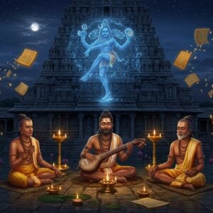 A serene nighttime scene showing three Tamil Nayanar saints in traditional 7th-century Tamil attire seated beneath a massive ancient stone Shiva temple, their faces illuminated by floating brass oil lamps. The central saint is playing a yazh (ancient Tamil harp), while the others are in deep meditation. Lord Shiva's cosmic dance form appears as a ethereal, semi-transparent vision above them, rendered in glowing blue light. The temple architecture features intricate Dravidian style carvings with Tamil motifs and symbols. Scattered Tamil palm leaf manuscripts with ancient Tamil scripts float around them, transforming into golden musical notes. The background shows the temple tank reflecting the full moon, with lotus flowers emitting a subtle divine glow. The scene combines Thanjavur painting style with modern digital art techniques, using a color palette of deep blues, burnished gold, earth browns, and subtle saffron. Multiple rings of golden mandalas frame the entire composition, with subtle rudraksha patterns woven throughout. The atmosphere suggests deep devotion and spiritual ecstasy through divine light effects and swirling energy patterns.