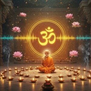 A serene indoor temple scene with a luminous Om symbol floating in golden light at the center, surrounded by concentric rings of vibrating sound waves in deep saffron and turquoise. An elderly Indian guru in pristine white dhoti and shawl sits in padmasana pose beneath, eyes closed in deep meditation, with subtle golden aura around him. Traditional brass diyas with dancing flames form a circular pattern on the marble floor, creating intricate light patterns. Wisps of sandalwood incense smoke form ethereal, flowing patterns in the air. The background features ornate temple architecture with carved pillars and arches in Madhubani style, illuminated by soft, warm lighting. Multiple floating lotus flowers in various stages of bloom in pastel pink and white hover around the Om symbol. The scene is bathed in a divine, otherworldly glow with particles of light scattered throughout. Intricate mandala patterns in gold and deep maroon float in the background. The art style combines photorealistic elements with spiritual surrealism, rendered in high-detail digital art with rich textures and depth.