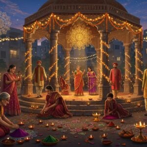 A vibrant street scene during Diwali celebrations, featuring multiple Indian families in contemporary ethnic wear gathering around an elaborately decorated community mandap. The mandap's pillars adorned with marigold garlands and twinkling lights. In the foreground, elderly women in silk sarees creating intricate rangoli with colored powder, while young children in modern kurtas help them. Behind them, men in elegant kurta-pajamas lighting diyas together. The background shows modern apartment buildings with lit balconies decorated with LED light strings. The scene is illuminated by warm golden light from countless diyas and string lights, creating a magical atmosphere. Floating particles of light and flower petals add a ethereal quality. The color palette focuses on deep maroons, royal blues, and festive golds, with touches of saffron and emerald green. The art style combines traditional Madhubani patterns in the rangoli designs with modern digital art techniques, featuring detailed textures and atmospheric lighting. A large, ornate golden mandala floats in the evening sky, emanating subtle rays of light that touch the gathering below.