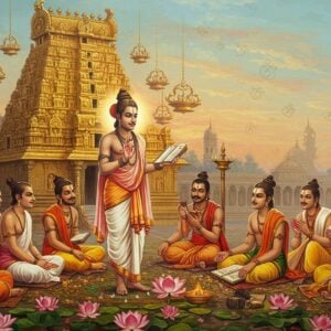 A serene ethereal scene depicting Sri Ramanuja standing tall in traditional white acharya robes with distinctive Srivaishnava namam and urdhva pundra tilak, teaching a group of disciples seated in a semi-circle. His right hand is raised in chinmudra while left hand holds ancient palm leaf manuscripts. Behind him rises a massive golden temple gopuram with intricate Dravidian architecture, adorned with 108 brass kalasas catching dawn light. The scene is framed by blooming lotus flowers and floating vishnu symbols (shankha, chakra, padma, gada). Mystic blue-gold light emanates from Ramanuja's form, suggesting divine wisdom. The background features subtle mandalas and vedic mathematical patterns in soft pastel hues. Modern digital art style merging with traditional Thanjavur painting aesthetics, using rich golds, saffrons, and peaceful blues. The entire scene is bathed in a otherworldly glow suggesting transcendental knowledge being passed down through generations, with floating sacred threads and vedic symbols adding movement and depth.