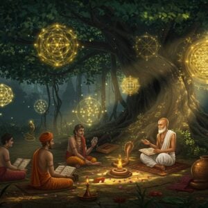A mystical scene depicting an ancient Indian classroom under a magnificent banyan tree, with a wise guru in traditional white dhoti teaching mathematics to disciples. The air is filled with ethereal, translucent geometric patterns - the Fibonacci spiral, perfect circles, and intricate mandalas floating like golden holograms. The Sri Yantra pattern radiates in the background with a soft luminescent glow. Traditional palm leaf manuscripts and copper plates with mathematical inscriptions are scattered around. The scene includes subtle references to mathematical concepts - a serpent coiled in a perfect golden ratio, lotus petals arranged in Fibonacci sequence, and architectural elements showing perfect symmetry. The color palette features deep indigos, burnished golds, and warm earthy browns. The lighting is dramatic with rays of sunlight filtering through the banyan leaves, creating dappled patterns on the ground. The entire scene is rendered in a fusion of traditional Madhubani art style with modern digital art techniques, with intricate patterns and rich textures. Multiple levels of mathematical symbolism are woven throughout the scene in an organic, flowing manner.