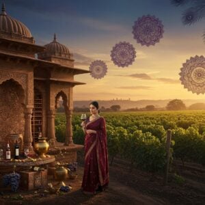 A luxurious vineyard setting in Maharashtra's Nashik Valley at golden sunset, featuring rows of perfectly maintained grape vines stretching towards distant hills. In the foreground, an elegant Indian woman in a contemporary silk saree in deep burgundy, holding a crystal wine glass with expertise. She's adorned with minimal modern gold jewelry. Behind her, a traditional Indian architectural element merges with a modern wine cellar, featuring ornate Madhubani-style patterns on its walls in gold and maroon. The scene is complemented by floating geometric mandalas in rich purple and gold hues. The lighting is warm and ethereal, casting long shadows across the vineyard. Traditional brass vessels are artistically arranged alongside modern wine bottles, creating a visual bridge between Indian heritage and contemporary wine culture. The sky features subtle peacock feather patterns in deep blues and purples. Photorealistic rendering with magical realism touches, ultra-detailed grapes glistening with evening dew, hyperdetailed architecture, soft atmospheric lighting, cinematic composition --ar 16:9