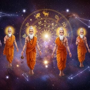 A mystical scene showing seven luminous celestial sages (Saptarshis) floating in a cosmic space, each sage radiating distinct astrological energies. They wear traditional Indian sage attire in rich saffron and white, with sacred threads and meditation beads. The background features a large, intricately detailed zodiac wheel in golden hues, incorporating both Vedic and modern astrological symbols. Surrounding them are seven prominent stars (representing Ursa Major/Big Dipper) glowing in different ethereal colors. The composition includes swirling cosmic energies in deep purples, blues, and gold, with subtle Madhubani-style patterns in the cosmic flows. Sacred geometric patterns and mandalas float in the space, while subtle constellation lines connect the sages to their respective stars. The lighting is dramatic with a combination of celestial glow and divine radiance, creating an atmosphere of wisdom and cosmic knowledge. The art style merges traditional Indian iconography with modern digital art techniques, featuring high-detail rendering and subtle light effects. The sages appear both ancient and timeless, with serene expressions and meditative poses.