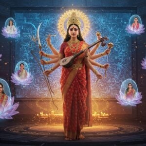 A powerful Indian woman in contemporary fusion attire (flowing silk saree with modern draping) stands centered, emanating a divine golden aura. She transforms into multiple iconic forms - one side showing Goddess Durga with 10 hands holding traditional weapons (trishul, sword, chakra), another side morphing into Goddess Saraswati with veena and books, and another into Goddess Lakshmi with lotus and gold coins. Behind her, a massive digital screen displays modern corporate imagery merging with ancient temple architecture. Floating crystal lotus flowers surround her, each containing holographic projections of modern Indian women in various roles - scientists, CEOs, mothers, artists. The background features an intricate Madhubani-style mandala pattern in electric blues and royal purples, integrated with circuit board designs. Swirling energy patterns in gold and saffron connect all elements. The lighting is ethereal with soft pastels highlighting the modern elements while deep traditional colors emphasize the divine aspects. The scene is set in a space that blends a high-tech meditation chamber with ancient temple architecture, with floating AR symbols of feminine power in Sanskrit. Hyperrealistic digital art style with strong Indian cultural motifs.