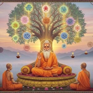 A serene elderly Indian Guru with flowing white beard and sacred tilak, dressed in saffron robes, seated in padmasana on an ornate golden lotus platform. Behind him, a massive ethereal tree of knowledge with glowing branches forming intricate Madhubani-style patterns. Each branch carries different spiritual symbols - Om, Swastika, Shatkona. The Guru's hands form the chinmudra, with a soft golden aura surrounding him. Three disciples in white dhoti and kurta sit at his feet, their faces showing deep reverence. Floating mandalas in peacock blue and deep maroon hover in the air, connected by streams of golden light. The background features a misty Himalayan landscape at dawn, with soft pastel pink and blue sky. Traditional Indian patterns and motifs decorate the borders, while floating diyas and lotus flowers create a mystical atmosphere. The lighting is warm and divine, with rays of light emerging from the Guru's third eye. The scene combines photorealistic details with ethereal, spiritual elements in a digital art style.